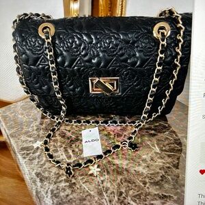 NWT Aldo Handbag with chain clutch shoulder bag crossbody gold black flowers